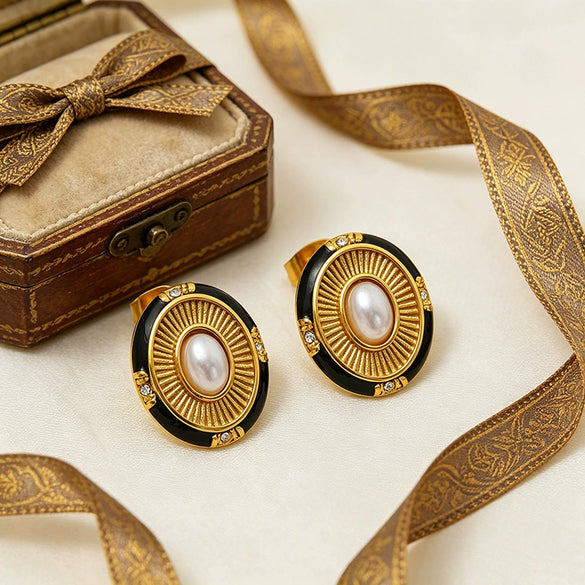 Wholesale Women's Retro Geometric Oval Stainless Steel Earrings With Black Enamel Sun Pattern And Gold Plating