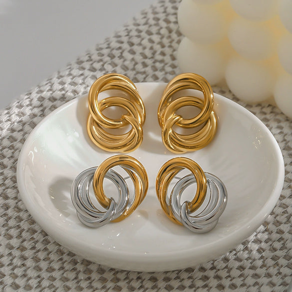 Wholesale Women's Retro Geometric Stainless Steel Electroplated Hollow Earrings With Gold And Silver Color Matching
