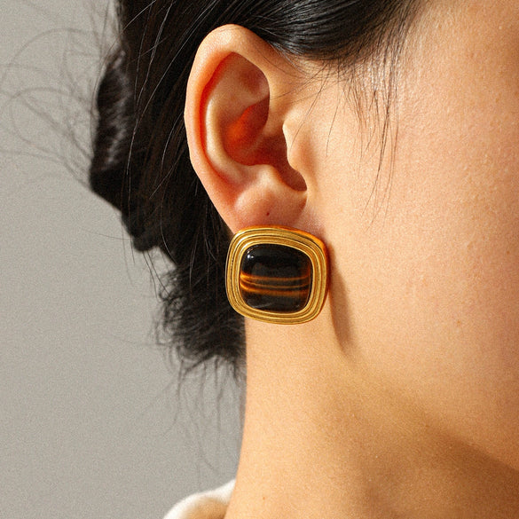 Wholesale Women's Retro Geometric Stainless Steel Electroplated Tiger Eye Stone Turquoise Earrings