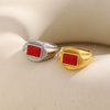 Wholesale Women's Retro Geometric Stainless Steel 18K Gold Plated Red Stone Ring Light Luxury Style