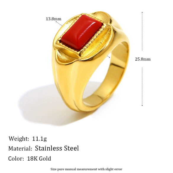 Wholesale Women's Retro Geometric Stainless Steel 18K Gold Plated Red Stone Ring Light Luxury Style
