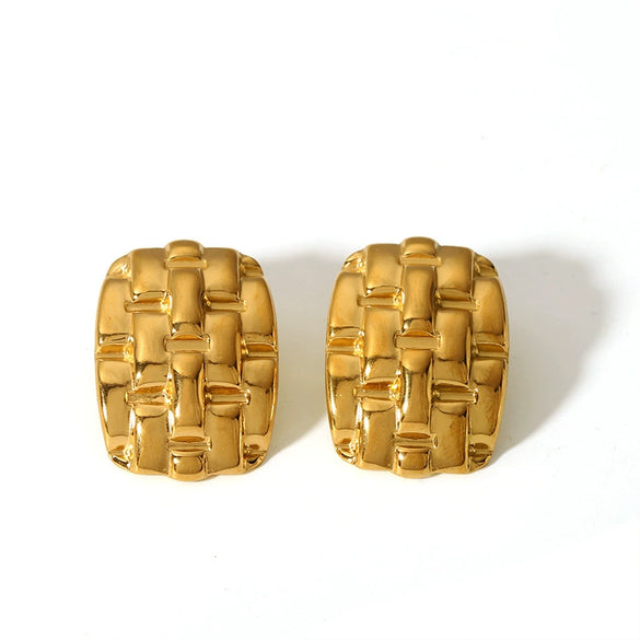 Wholesale Women's Retro Geometric Stainless Steel 18K Gold Plated Woven Hollow Earrings