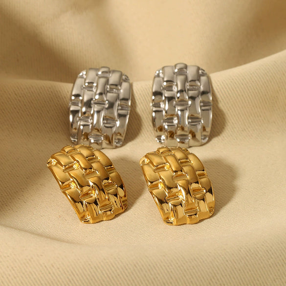 Wholesale Women's Retro Geometric Stainless Steel 18K Gold Plated Woven Hollow Earrings