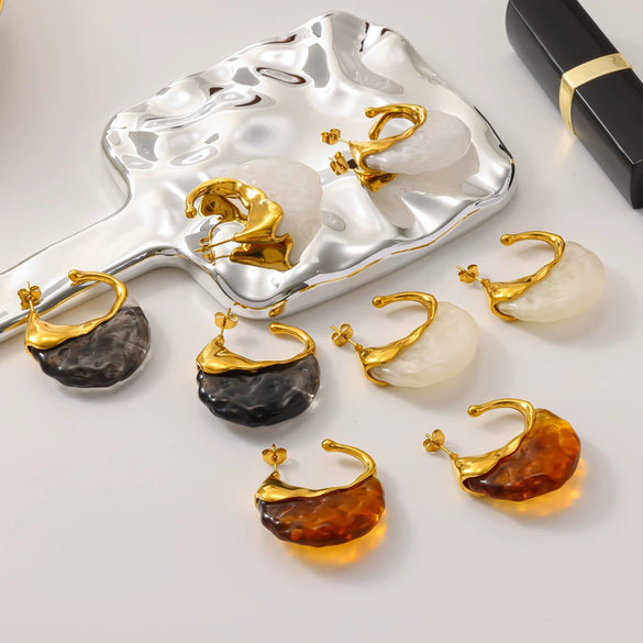 Wholesale Women's Retro Geometric Stainless Steel Resin Stud Earrings With Pvd Furnace Vacuum Real Gold Plating