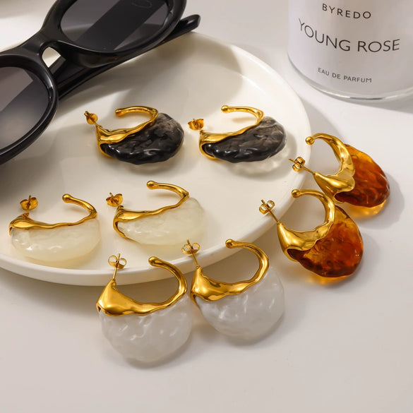 Wholesale Women's Retro Geometric Stainless Steel Resin Stud Earrings With Pvd Furnace Vacuum Real Gold Plating