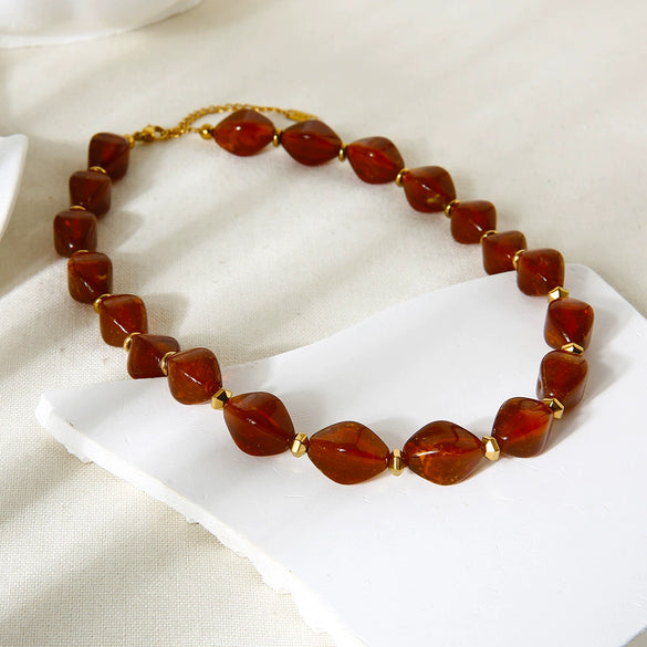 Wholesale Women's Retro Geometric Stainless Steel Rhombusshaped Electroplated Handmade Beaded Necklace Highend Jewelry