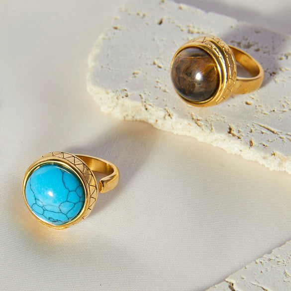Wholesale Women's Retro Geometric Tiger Eye Stone Inlaid 316L Stainless Steel Opening Ring With Electroplating