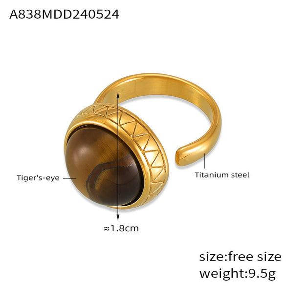 Wholesale Women's Retro Geometric Tiger Eye Stone Inlaid 316L Stainless Steel Opening Ring With Electroplating