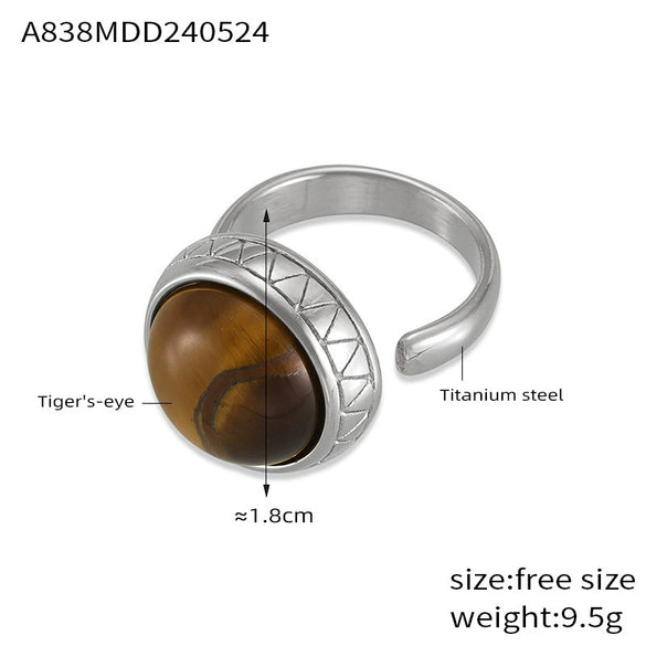 Wholesale Women's Retro Geometric Tiger Eye Stone Inlaid 316L Stainless Steel Opening Ring With Electroplating