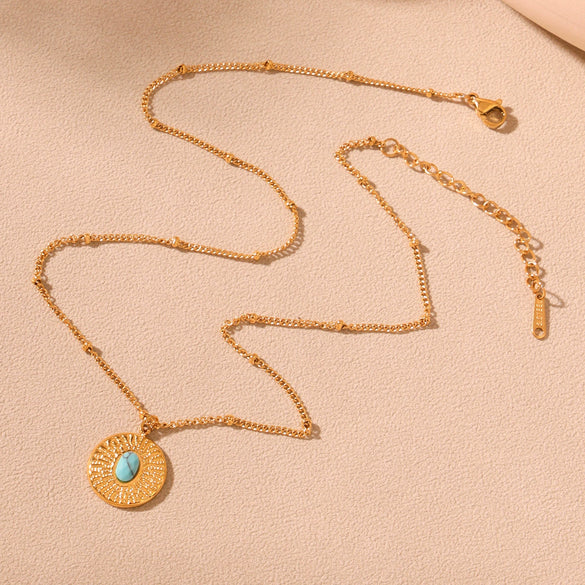 Wholesale Women's Retro Geometric Turquoise Ferris Wheel Pendant Necklace In Stainless Steel And Titanium Steel With Electroplating