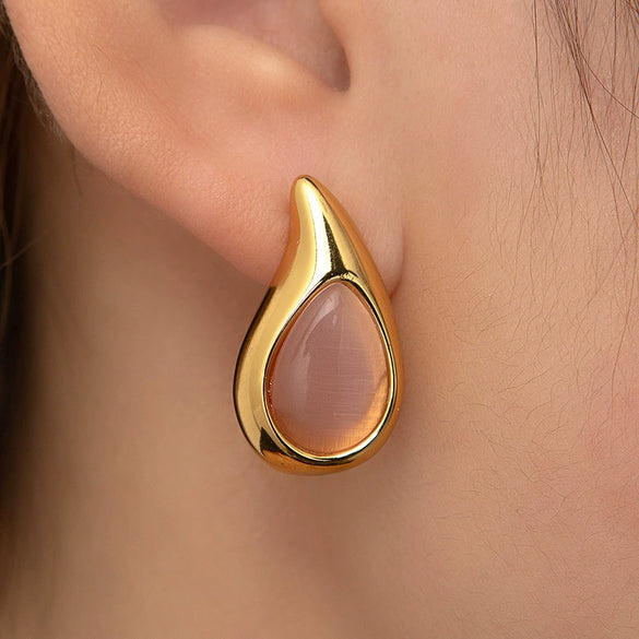Wholesale Women's Retro Highend Dropshaped Titanium Steel Earrings Inlaid With Color Natural Stone And Electroplated