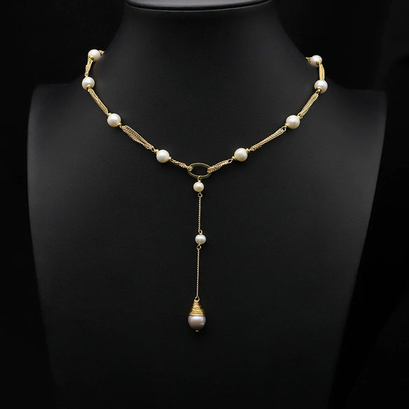 Wholesale Women's Retro Highend Freshwater Pearl Geometric Style Necklace With Electroplating And Regular Chain