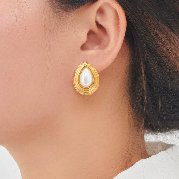 Wholesale Women's Retro Highend Natural Stone Pearl Drop Shape Stainless Steel Electroplating Earrings Jewelry Accessories