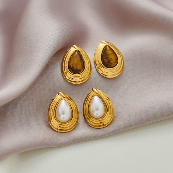 Wholesale Women's Retro Highend Natural Stone Pearl Drop Shape Stainless Steel Electroplating Earrings Jewelry Accessories