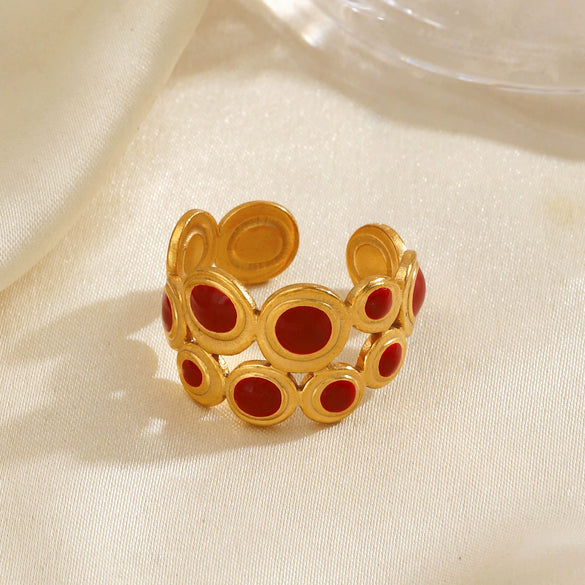 Wholesale Women's Retro Hip Hop Geometric Round Red Oil Drop Titanium Steel Ring With Electroplating