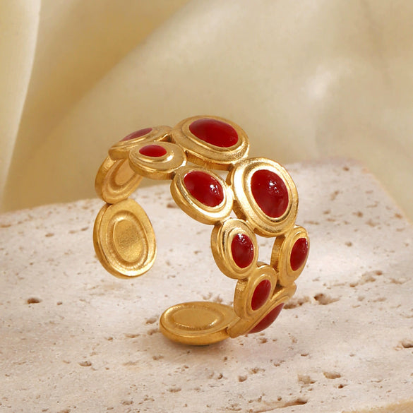 Wholesale Women's Retro Hip Hop Geometric Round Red Oil Drop Titanium Steel Ring With Electroplating