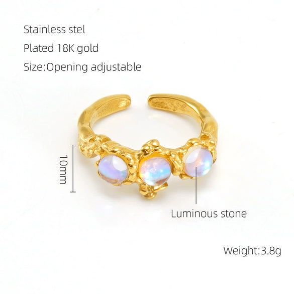 Wholesale Women's Retro Hip Hop 316L Stainless Steel Moonstone Ring With Irregular Geometric Line And Heart Pattern Microinlay