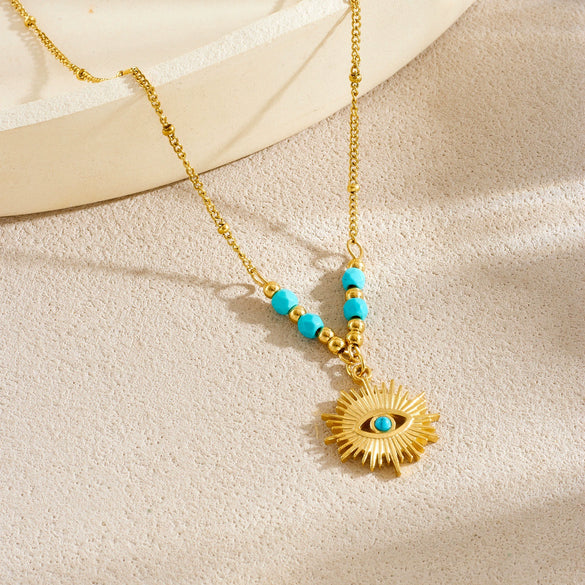 Wholesale Women's Retro Hollow Geometric Eye Pattern Stainless Steel Gold Electroplated Pendant Necklace