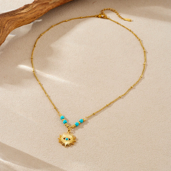 Wholesale Women's Retro Hollow Geometric Eye Pattern Stainless Steel Gold Electroplated Pendant Necklace
