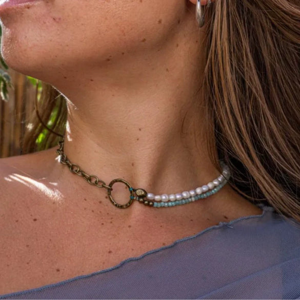 Wholesale Women's Retro Imitation Pearl Glass Alloy Geometric O Chain Necklace With Electroplating