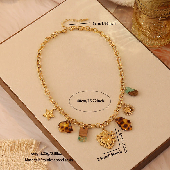 Wholesale Women's Retro Leopard Print Flower Titanium Steel Real Gold Plated Necklace In Maillard Style