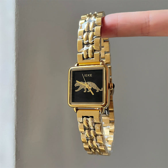 Wholesale Women's Retro Leopard Square Steel Band Wristwatch With Ordinary Glass Mirror Medieval Style