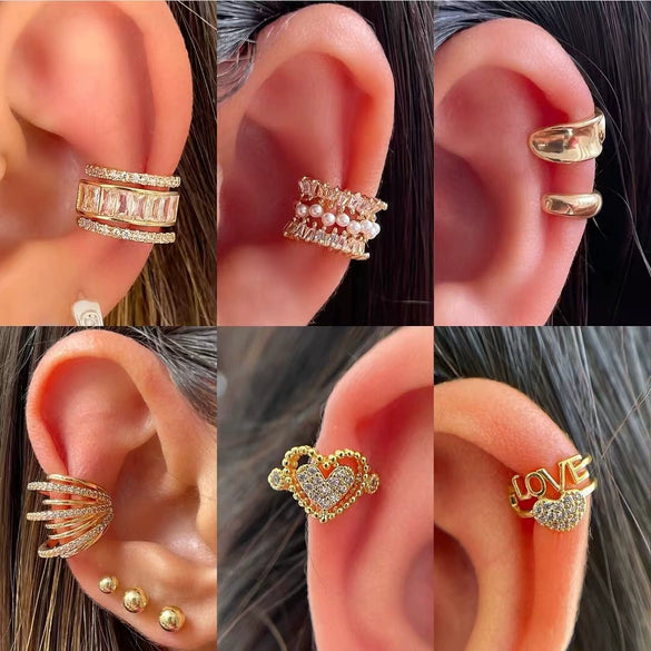 Wholesale Women's Retro Light Luxury Copper Ear Clip Inlaid Zircon With Geometric Heart Letters Numbers Text Design