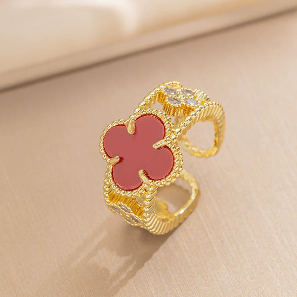 Wholesale Women's Retro Light Luxury Fourleaf Clover Zircon Ring Copper Set With Diamonds Opening Adjustable