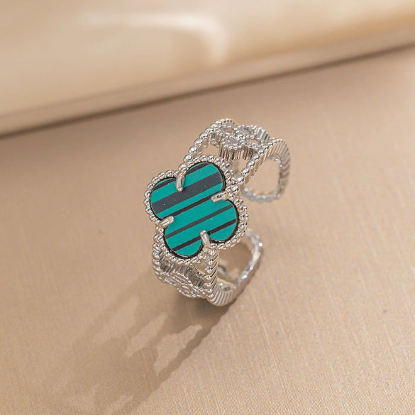 Wholesale Women's Retro Light Luxury Fourleaf Clover Zircon Ring Copper Set With Diamonds Opening Adjustable