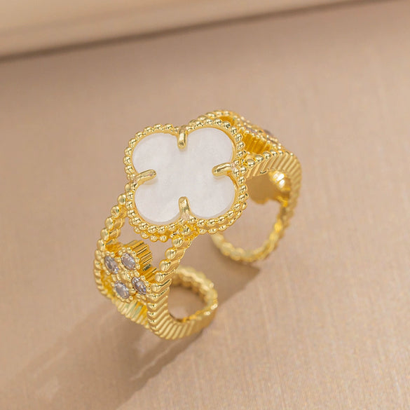 Wholesale Women's Retro Light Luxury Fourleaf Clover Zircon Ring Copper Set With Diamonds Opening Adjustable