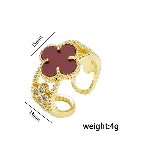 Wholesale Women's Retro Light Luxury Fourleaf Clover Zircon Ring Copper Set With Diamonds Opening Adjustable