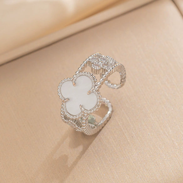 Wholesale Women's Retro Light Luxury Fourleaf Clover Zircon Ring Copper Set With Diamonds Opening Adjustable