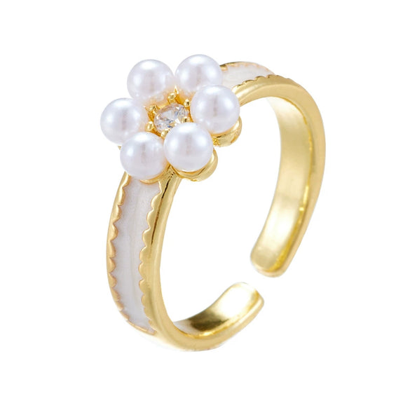 Wholesale Women's Retro Light Luxury Geometric Copper Pearl Butterfly Ring Inlaid With Zircon And Electroplated