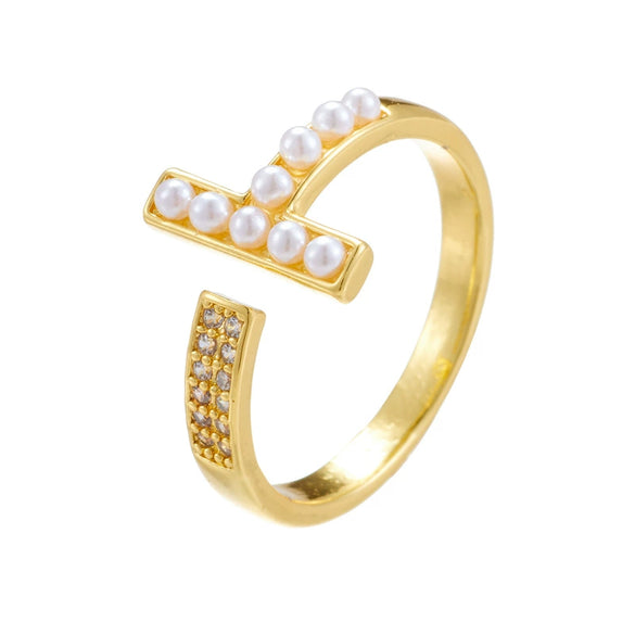 Wholesale Women's Retro Light Luxury Geometric Copper Pearl Butterfly Ring Inlaid With Zircon And Electroplated