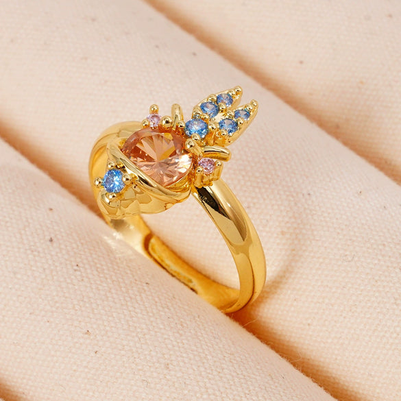 Wholesale Women's Retro Light Luxury Geometric Copper Pearl Butterfly Ring Inlaid With Zircon And Electroplated