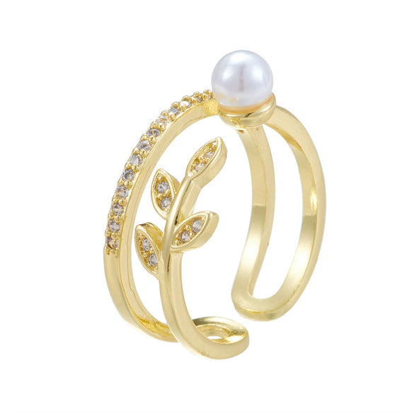 Wholesale Women's Retro Light Luxury Geometric Copper Pearl Butterfly Ring Inlaid With Zircon And Electroplated