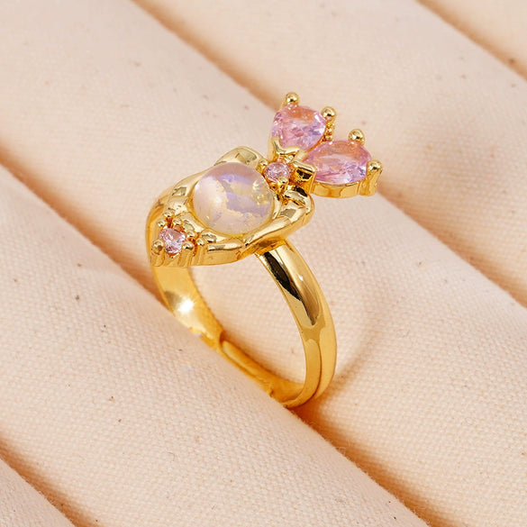 Wholesale Women's Retro Light Luxury Geometric Copper Pearl Butterfly Ring Inlaid With Zircon And Electroplated