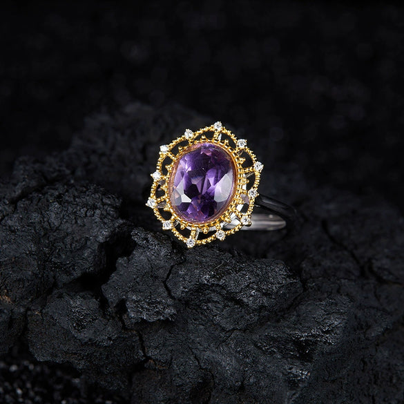 Wholesale Women's Retro Light Luxury Geometric S925 Sterling Silver Ring Inlaid With Natural Amethyst And Set With Gemstones