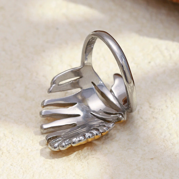 Wholesale Women's Retro Light Luxury Geometric Stainless Steel Electroplated Gold Leaf Ring Hand Jewelry