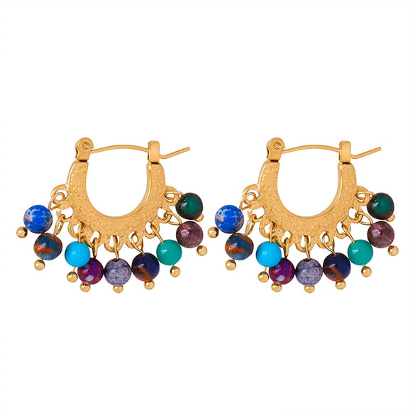 Wholesale Women's Retro Light Luxury Geometric Titanium Steel Goldplated Natural Agate Beaded Earrings