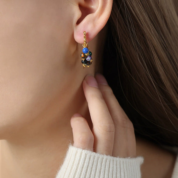 Wholesale Women's Retro Light Luxury Geometric Titanium Steel Goldplated Natural Agate Beaded Earrings