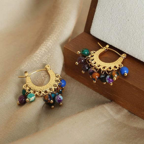 Wholesale Women's Retro Light Luxury Geometric Titanium Steel Goldplated Natural Agate Beaded Earrings