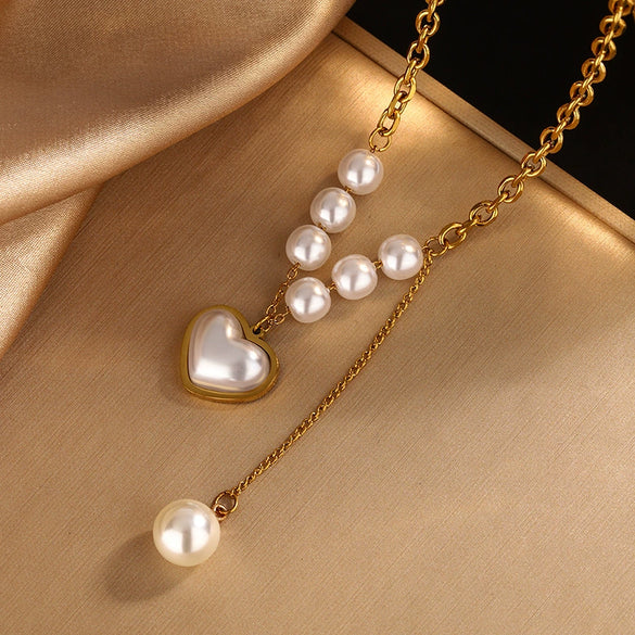 Wholesale Women's Retro Light Luxury Stainless Steel Heart Shape Pearl Necklace Bracelet Set 18K Gold Plated Jewelry