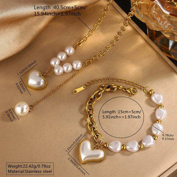 Wholesale Women's Retro Light Luxury Stainless Steel Heart Shape Pearl Necklace Bracelet Set 18K Gold Plated Jewelry