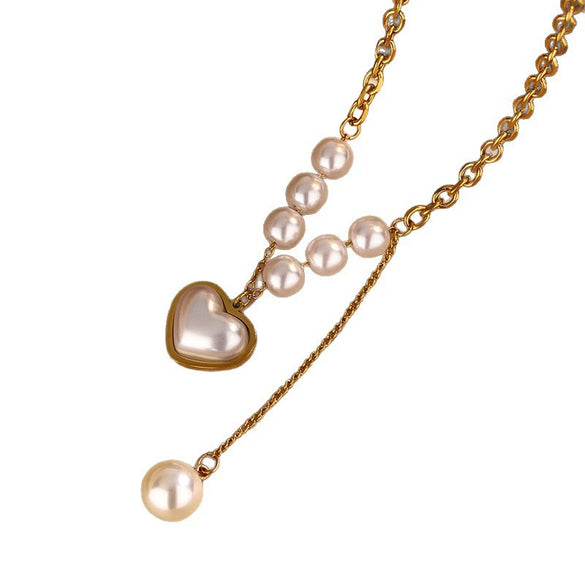 Wholesale Women's Retro Light Luxury Stainless Steel Heart Shape Pearl Necklace Bracelet Set 18K Gold Plated Jewelry