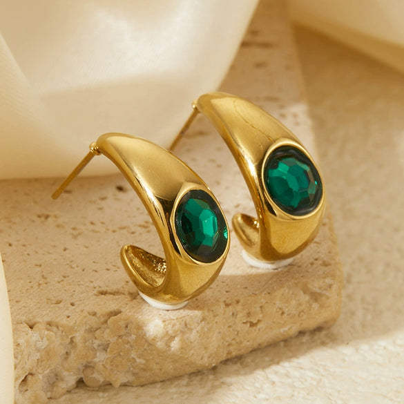 Wholesale Women's Retro Luxury Titanium Steel Earrings With Natural Stone Geometric C Word Semicircle Design And Electroplating Process