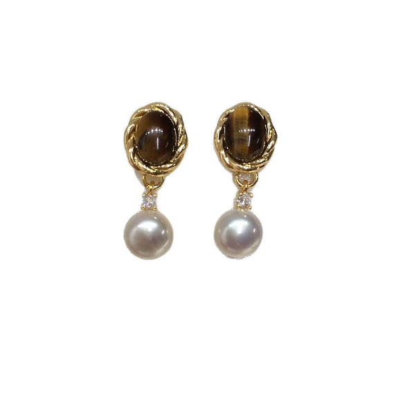 Wholesale Women's Retro Maillard Style Natural Freshwater Pearl Earrings With Alloy Inlaid Artificial And Semiprecious Stones Oblate Shape