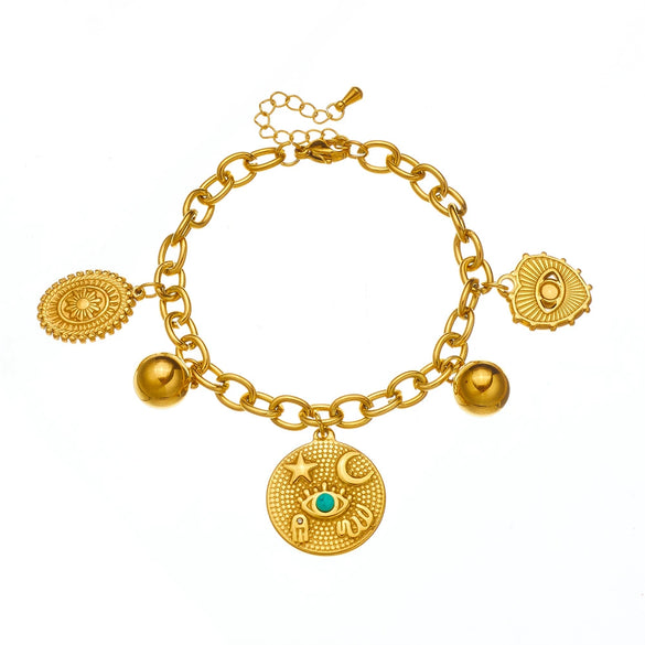 Wholesale Women's Retro Multielement Pendant Stainless Steel Chain Bracelet With Heart Shape And Electroplating Design