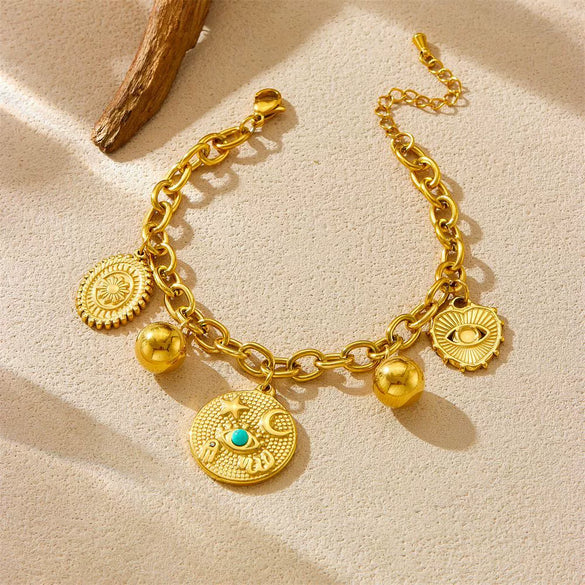 Wholesale Women's Retro Multielement Pendant Stainless Steel Chain Bracelet With Heart Shape And Electroplating Design