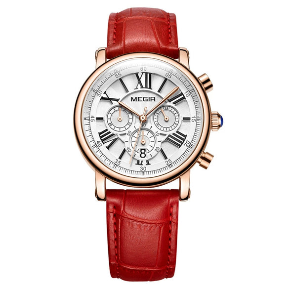 Wholesale Women's Retro Multifunction Chronograph Waterproof Quartz Watch Alloy Case Genuine Leather Strap Round Dial